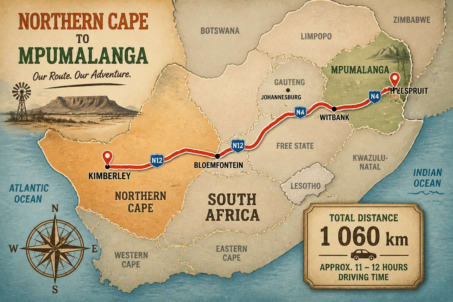 how far is northern cape from mpumalanga